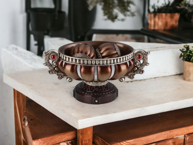 9" Reddish Bronze And Silver Polyresin Decorative Bowl With Orbs