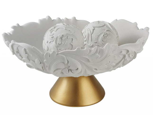 9" Matte Gold And White Polyresin Decorative Bowl With Orbs