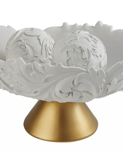 9" Matte Gold And White Polyresin Decorative Bowl With Orbs