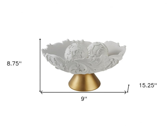 9" Matte Gold And White Polyresin Decorative Bowl With Orbs