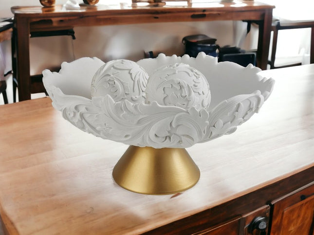 9" Matte Gold And White Polyresin Decorative Bowl With Orbs