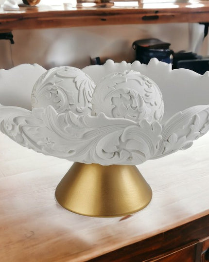 9" Matte Gold And White Polyresin Decorative Bowl With Orbs