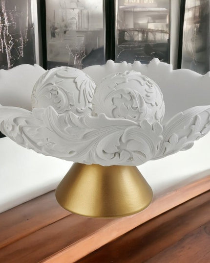 9" Matte Gold And White Polyresin Decorative Bowl With Orbs