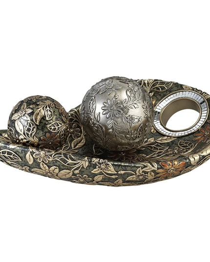 8" Green Silver And Gold Polyresin Decorative Bowl With Orbs