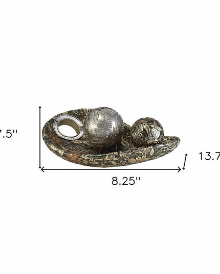 8" Green Silver And Gold Polyresin Decorative Bowl With Orbs