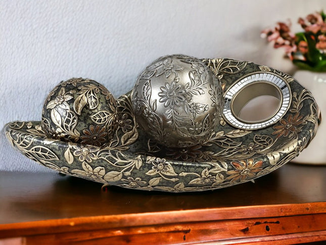 8" Green Silver And Gold Polyresin Decorative Bowl With Orbs