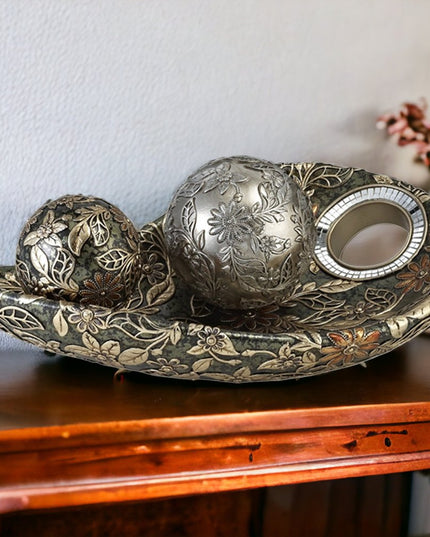 8" Green Silver And Gold Polyresin Decorative Bowl With Orbs