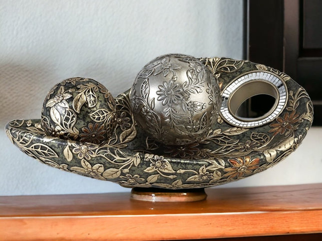 8" Green Silver And Gold Polyresin Decorative Bowl With Orbs