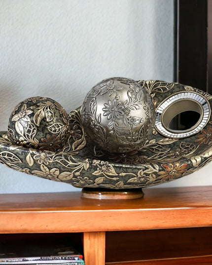 8" Green Silver And Gold Polyresin Decorative Bowl With Orbs