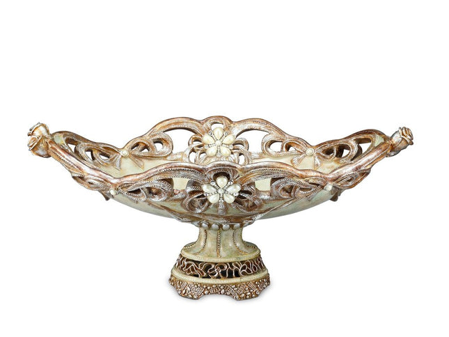 9" Beige And Gold Polyresin Decorative Bowl