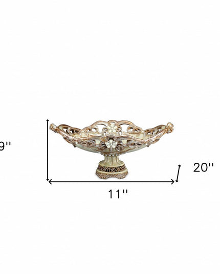 9" Beige And Gold Polyresin Decorative Bowl