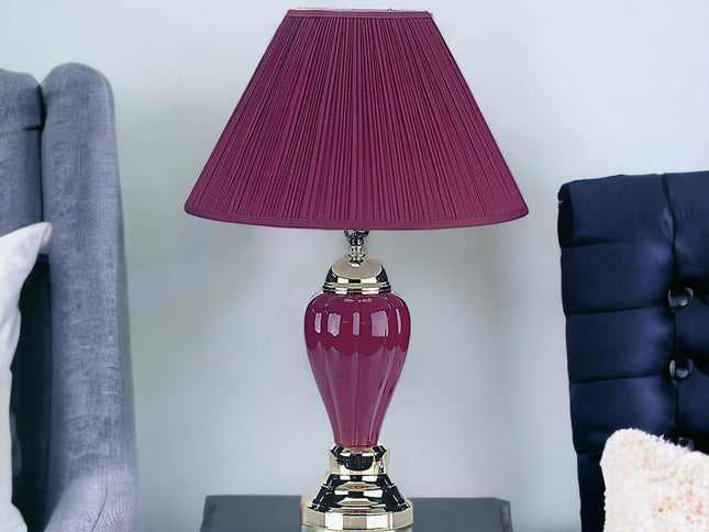 27" Silver Ceramic Bedside Table Lamp With Magenta Empire Shade