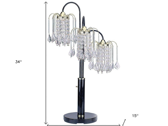 34" Black Metal Three Light Chandelier Table Lamp