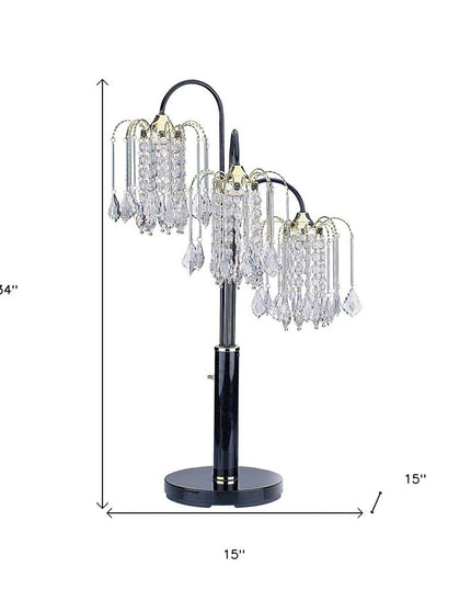 34" Black Metal Three Light Chandelier Table Lamp