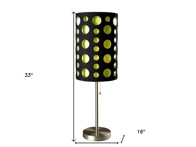 33" Silver Metal Mod Table Lamp With Black And Green Drum Shade