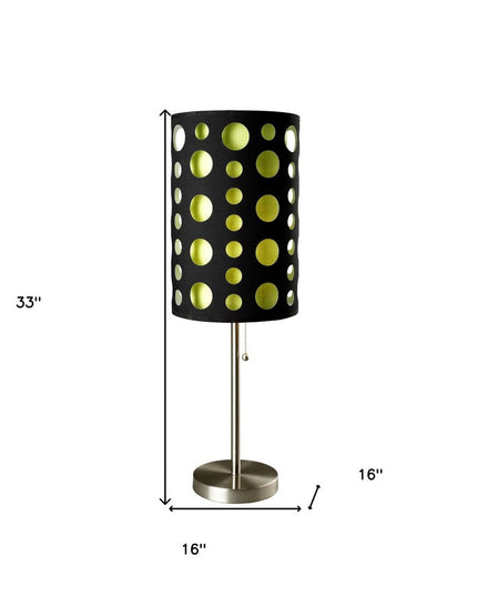 33" Silver Metal Mod Table Lamp With Black And Green Drum Shade