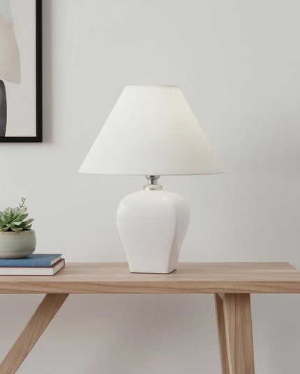 13" White Ceramic Bedside Table Lamp With Off-White Shade
