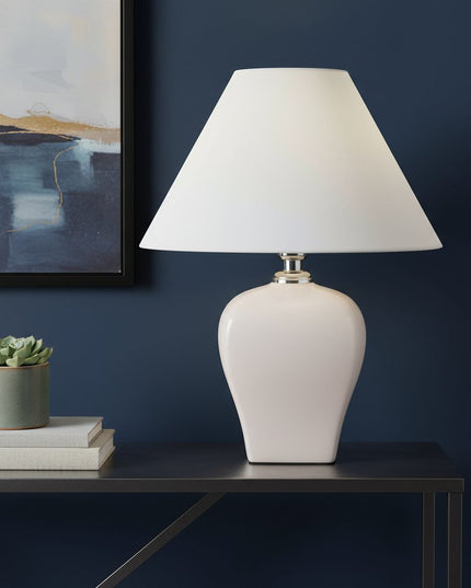13" White Ceramic Bedside Table Lamp With Off-White Shade