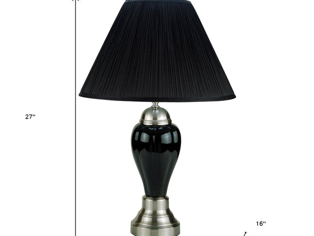27" Black and Silver Ceramic Urn Table Lamp With Black Empire Shade