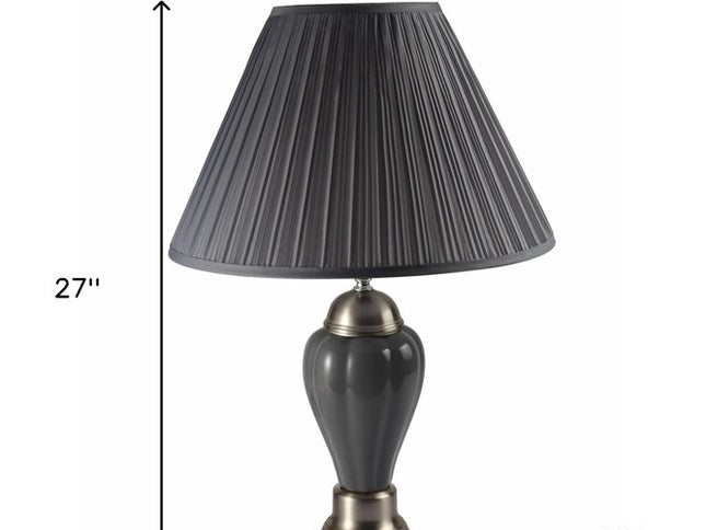 27" Gray and Silver Metal Urn Table Lamp With Gray Empire Shade