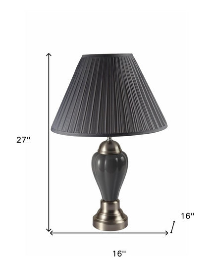 27" Gray and Silver Metal Urn Table Lamp With Gray Empire Shade