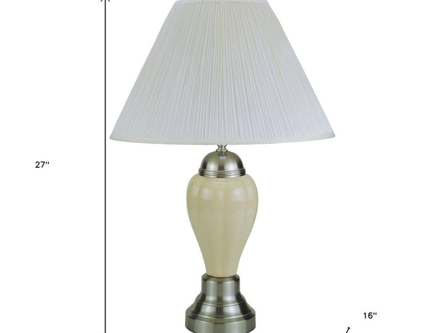 27" Gray and Silver Metal Urn Table Lamp With Gray Empire Shade