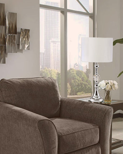 30" Silver Metal Bedside Table Lamp With White Classic Drum Shade