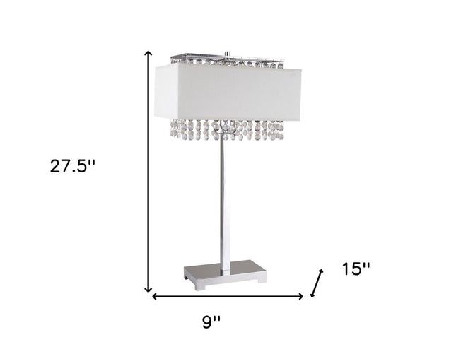 28" Silver Table Lamp With Faux Crystals and White Rectangle Shade