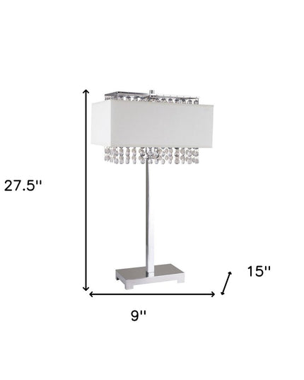 28" Silver Table Lamp With Faux Crystals and White Rectangle Shade