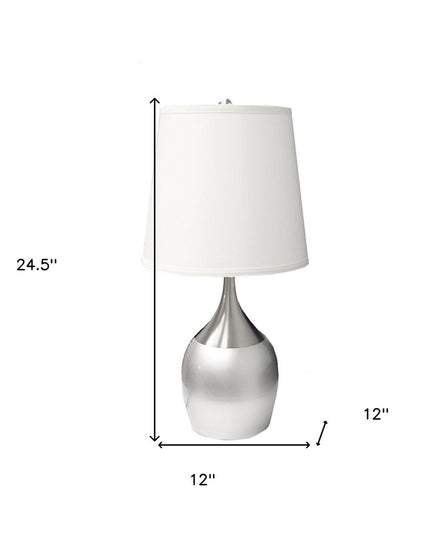 25" Silver Metal Gourd Table Lamp With White Tapered Drum Shade