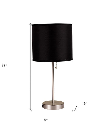 16" Silver Metal Candlestick Table Lamp With Black Classic Drum Shade