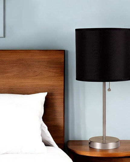 16" Silver Metal Candlestick Table Lamp With Black Classic Drum Shade