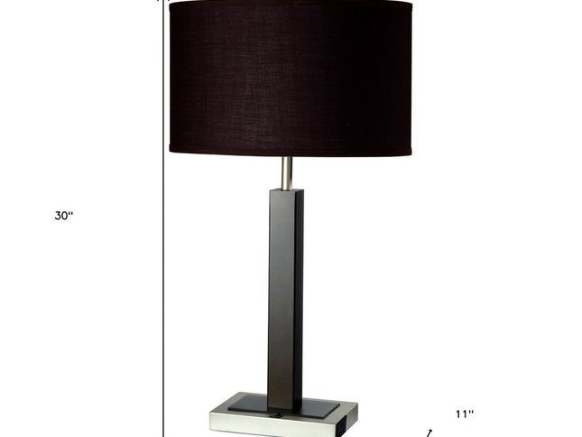 30" Black Polyresin Table Lamp With Brown Classic Drum Shade