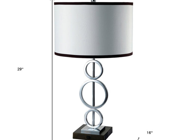 29" Silver Metal Bedside Geo Table Lamp With White and Black Trim Classic Drum Shade