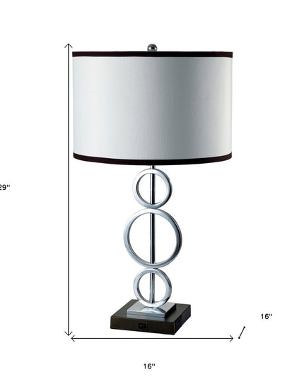 29" Silver Metal Bedside Geo Table Lamp With White and Black Trim Classic Drum Shade