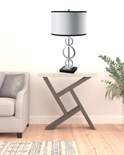 29" Silver Metal Bedside Geo Table Lamp With White and Black Trim Classic Drum Shade