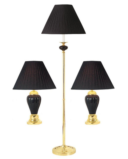 Set Of Three 64" Gold Ceramic Bedside Floor and Table Lamp Set With Black Empire Shade