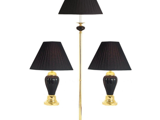 Set Of Three 64" Gold Ceramic Bedside Floor and Table Lamp Set With Black Empire Shade