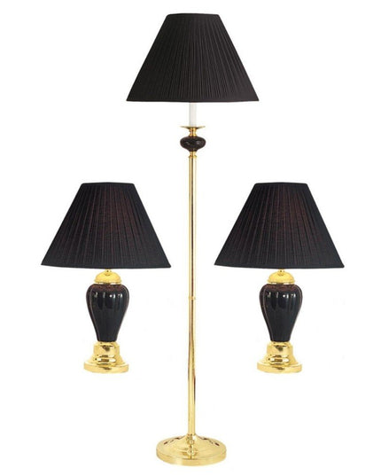 Set Of Three 64" Gold Ceramic Bedside Floor and Table Lamp Set With Black Empire Shade