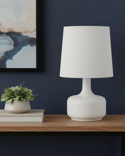 17" White Metal Bedside Table Lamp With Off-White Shade