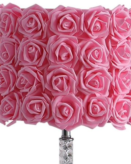 18” Pink Roses Acrylic And Metal Table Lamp