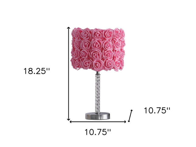18” Pink Roses Acrylic And Metal Table Lamp