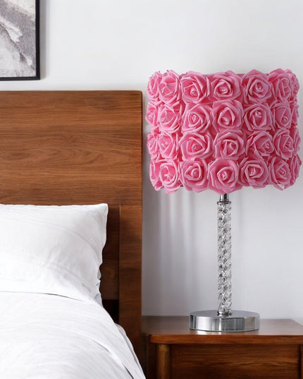 18” Pink Roses Acrylic And Metal Table Lamp