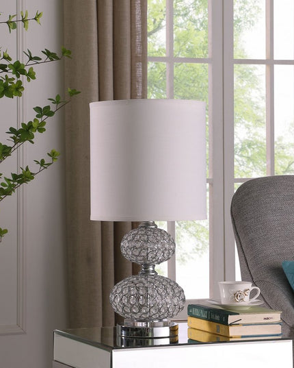 24" Chrome and Faux Crystal Double Orb Table Lamp With White Classic Drum Shade