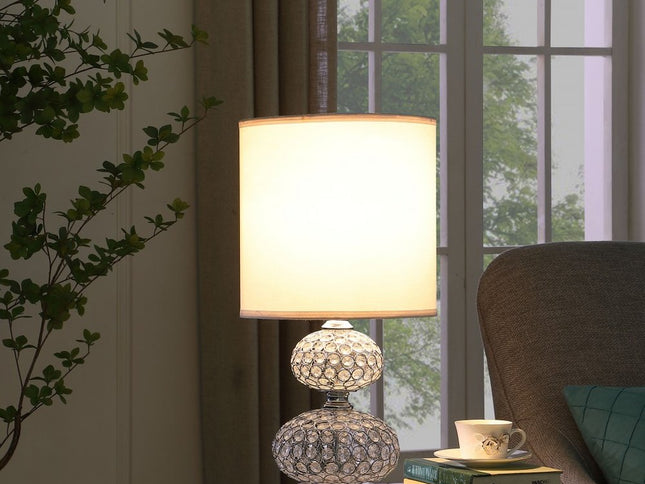 24" Chrome and Faux Crystal Double Orb Table Lamp With White Classic Drum Shade