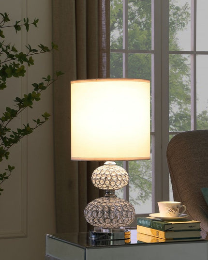 24" Chrome and Faux Crystal Double Orb Table Lamp With White Classic Drum Shade