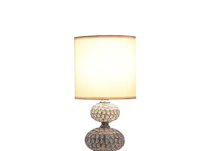 24" Chrome and Faux Crystal Double Orb Table Lamp With White Classic Drum Shade