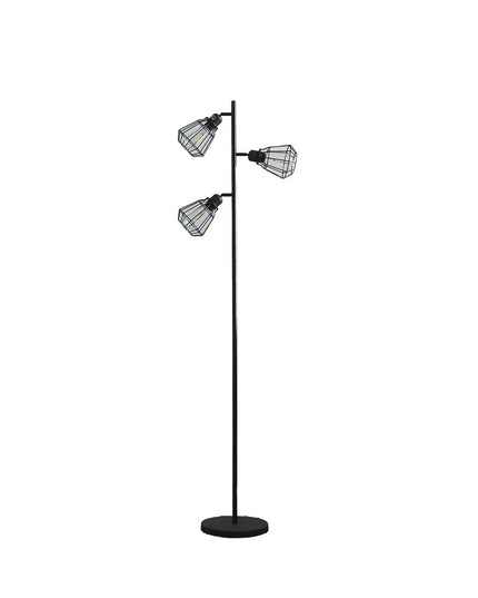 66" Black Metal Three Light Tree Floor Lamp With Black Metal Cage Shade