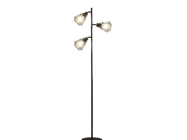 66" Black Metal Three Light Tree Floor Lamp With Black Metal Cage Shade