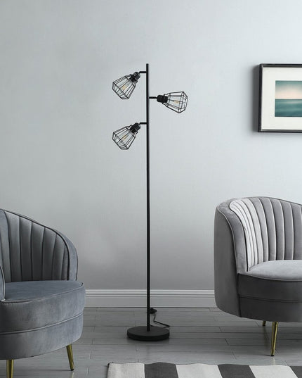 66" Black Metal Three Light Tree Floor Lamp With Black Metal Cage Shade